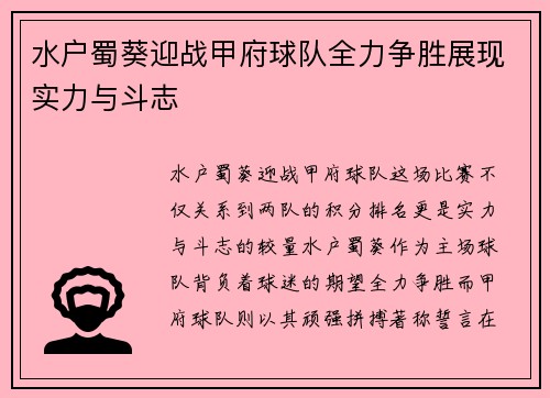 水户蜀葵迎战甲府球队全力争胜展现实力与斗志