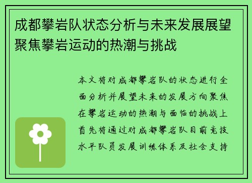 成都攀岩队状态分析与未来发展展望聚焦攀岩运动的热潮与挑战