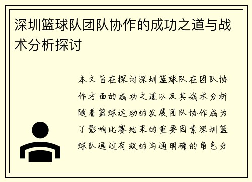 深圳篮球队团队协作的成功之道与战术分析探讨