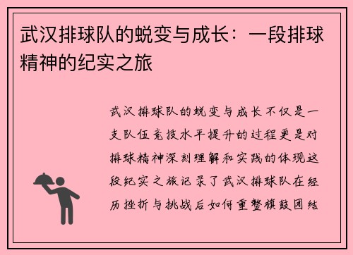 武汉排球队的蜕变与成长：一段排球精神的纪实之旅