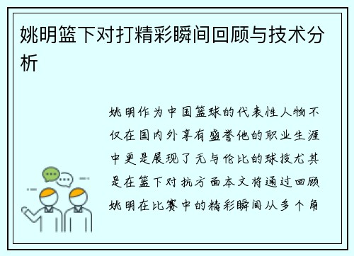 姚明篮下对打精彩瞬间回顾与技术分析