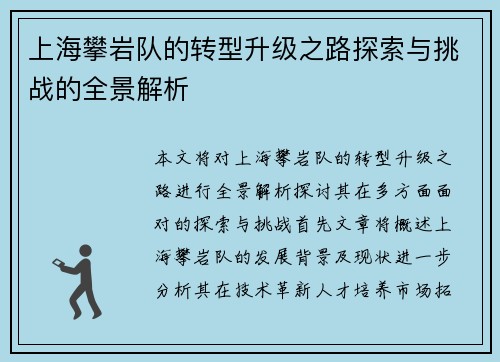 上海攀岩队的转型升级之路探索与挑战的全景解析