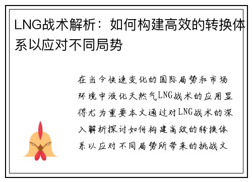 LNG战术解析：如何构建高效的转换体系以应对不同局势