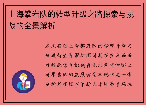 上海攀岩队的转型升级之路探索与挑战的全景解析
