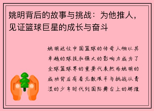 姚明背后的故事与挑战：为他推人，见证篮球巨星的成长与奋斗