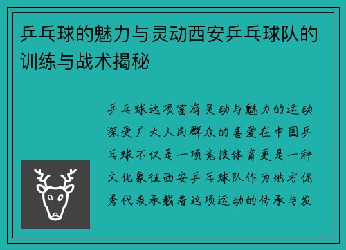 乒乓球的魅力与灵动西安乒乓球队的训练与战术揭秘