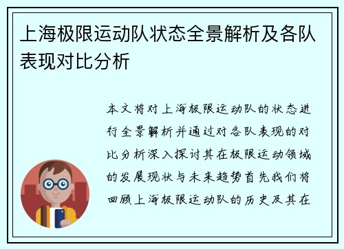 上海极限运动队状态全景解析及各队表现对比分析