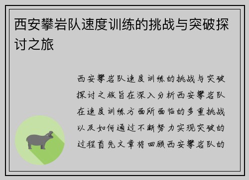 西安攀岩队速度训练的挑战与突破探讨之旅