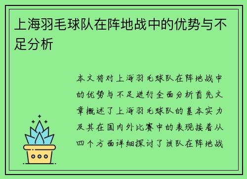 上海羽毛球队在阵地战中的优势与不足分析