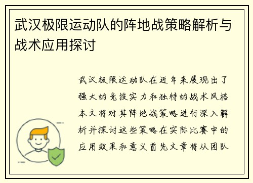 武汉极限运动队的阵地战策略解析与战术应用探讨
